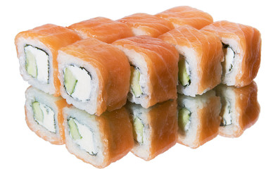 a set of sushi with reflection on white background