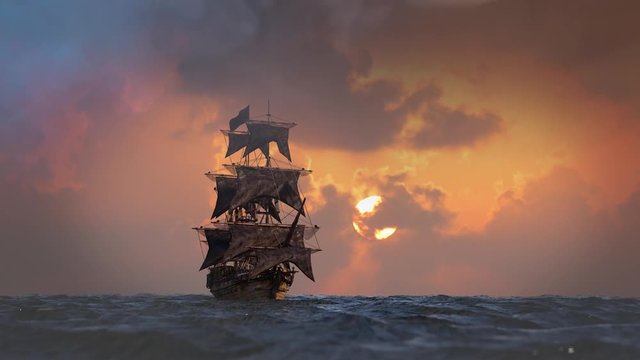 pirate ship sailing on the sea, 3D render