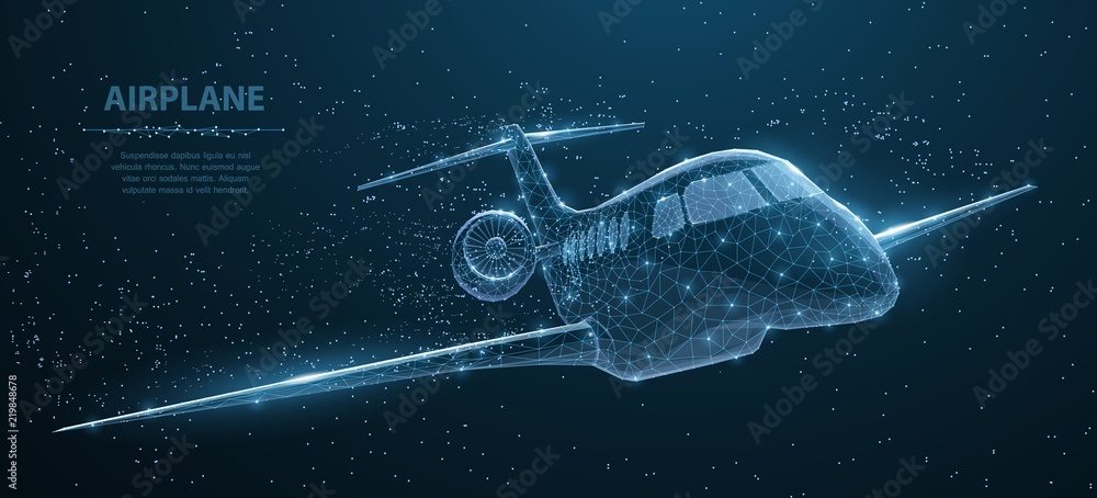 Wall mural airplane. abstract 3d polygonal wireframe airplane on blue night sky with dots and stars.