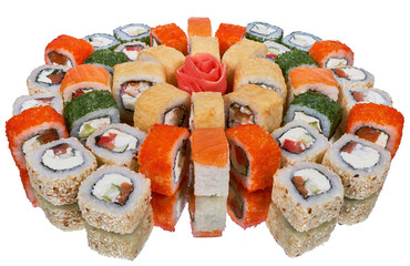 A set of sushi with reflection on white background