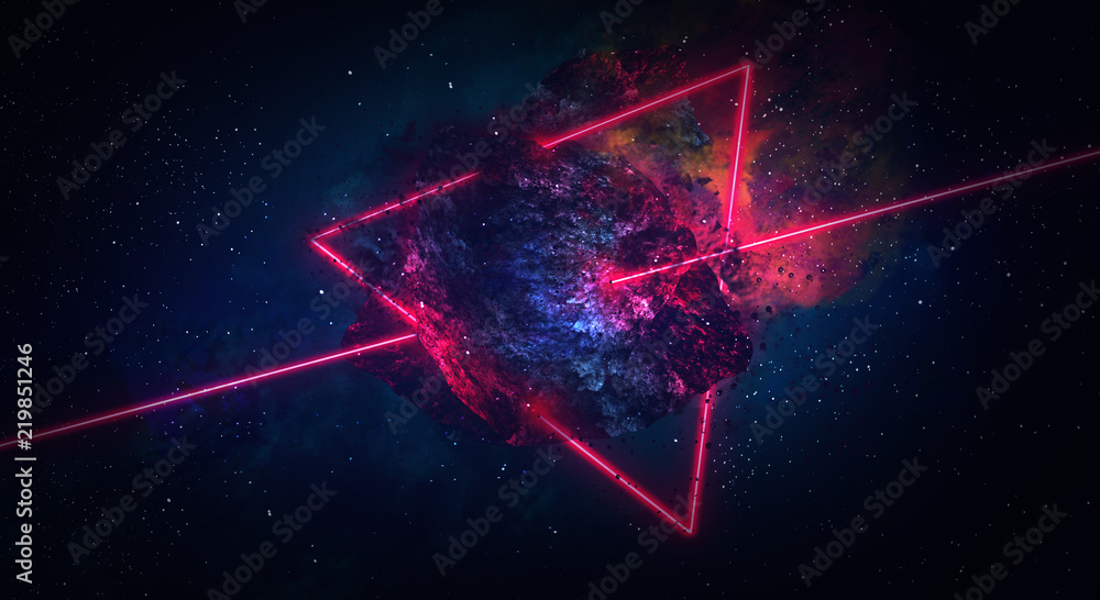 Wall mural space abstract background, burning comet, flash, laser through the stone, bright colors