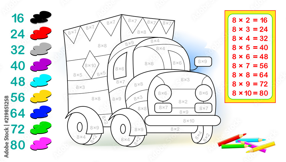 Wall mural worksheet with exercises for children with multiplication by eight. need to solve examples and paint