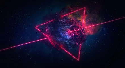 Fototapeten Weltraum abstrakter Hintergrund, brennender Komet, Blitz, Laser durch den Stein, helle Farben © MiaStendal
