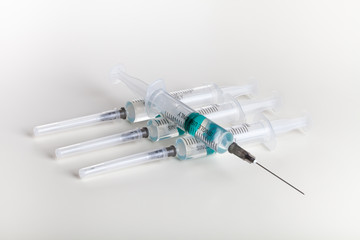 Several syringe on white table prepared for injection in hospital