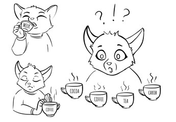 Set of illustrations about choice of drinks - milk, coffe, tea, carob, cocoa