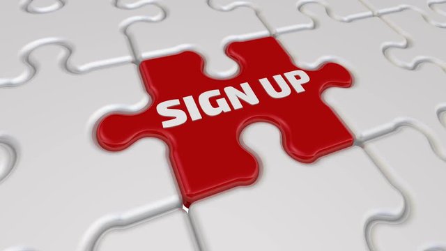 Sign up. The inscription on the missing element of the puzzle. Folding white puzzles elements and one red with text SIGN UP. Footage video