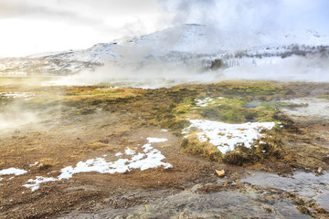 Geothermal landscape Strokkur Geysir, Iceland in Winter