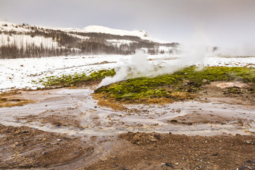 Geothermal landscape Strokkur Geysir, Iceland in Winter