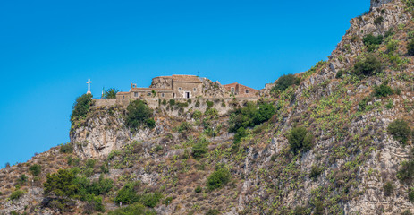 Fototapeta na wymiar Castemola as seen from the Taormina ancient theater, Sicily Italy.