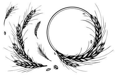 Rye, barley or wheat round frame or wreath on white background. Black and white hand drawn design for cooking, bakery, tags or labels. JPG include isolated path