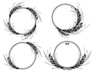 Rye, barley or wheat round frames or wreath on white background. Black and white hand drawn set design for cooking, bakery, tags or labels. JPG include isolated path