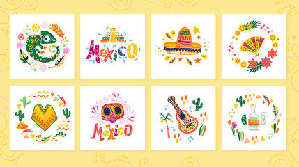 Vector collection of cards with traditional decoration Mexico party, carnival, celebration, fiesta event in flat hand drawn style. Text congratulation, skull, floral elements, petals, animals, cacti.