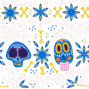 Vector seamless pattern for Mexico traditional celebration - dia de los muertos - with colorful skull, bones, floral ornament isolated on white background. Good for packaging design, print, decor, web