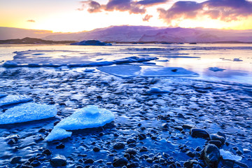 Global warming affects Jokulsarlon glacier lake in Iceland. Sunset during Winter season