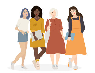 Obraz premium Vector roup of four flat cartoon women standing together. illustration on white background