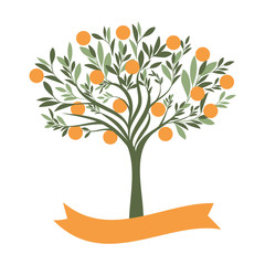 Fototapeta premium Ilustracja wektorowa drzewa pomarańczowego z pustą etykietą na białym tle
