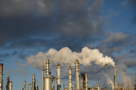 An industrial petrochemical refinery releases greenhouse gas emissions in Corpus Christi, Texas.