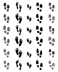 Black prints of shoes and human feet on a white background