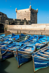 Eine Flotte blauer Fischerboote drängt sich im Hafen von Essaouira in Marokko zusammen. Sie können auch die Befestigungsanlagen und einen Turm der Zitadelle von Mogador sehen © Louis-Michel DESERT