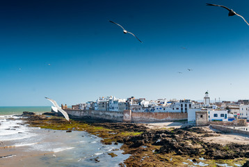 A view of the medina of Essaouira and its ramparts facing the sea.