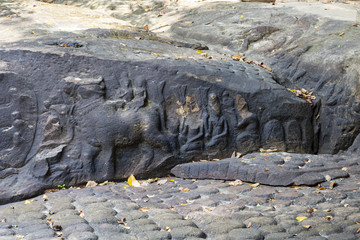 Ancient stone bas-relief, Kbal Spean monument, Cambodia. Traditional khmer stone carving on ancient hindu sacred place