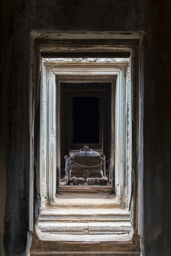 Ancient stone sarcophagus in Banteay Samre temple, Angkor Wat complex, Cambodia. Sacred place with crypt.