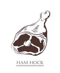 Ham hock. Pork knuckle isolated on white background. Meat on the bone. Black and white hand drawn vector illustration. Icon, emblem, logo element.