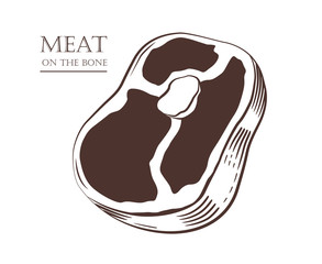 Meat chunk on the bone. Steak isolated on white background. Slice of pork. Black and white hand drawn vector illustration. Icon, emblem, logo element.