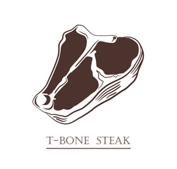 T-bone steak. Piece of meat isolated on white background. Cut of beef. Black and white hand drawn vector illustration. Icon, emblem, logo element.