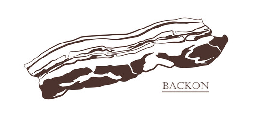 Bacon isolated on white background. Slice of pork. Black and white hand drawn vector illustration. Icon, emblem, logo element.