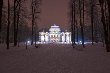 Hermitage pavilion in Catherine park in winter at night, Tsarskoe Selo, St. Petersburg, Russia