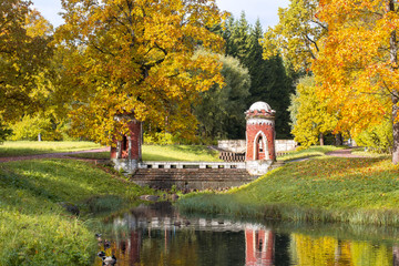 Red (Turkish) Cascade in golden fall in Catherine park, Pushkin, Saint Petersburg, Russia
