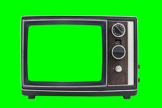 Small Vintage Portable Television with Chroma Green Screen and Background