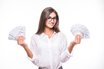 Beautiful success businesswoman holding Dollar notes, isolated on white background