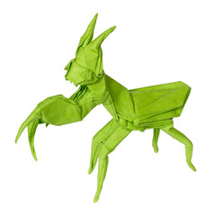 Origami Praying MANTIS Folded with Green Paper Sheet Isolated on White Background