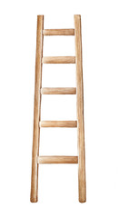 Wooden ladder watercolour. Symbol of process, growth, strength, start up. One single object, front view, standing, high altitude. Hand drawn water color painting on white, cutout clip art element.