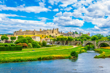 Old town of Carcassonne and pont vieux in France - obrazy, fototapety, plakaty