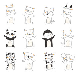 Vector collection of hand drawn animals. Valentine’s day, anniversary, baby shower, birthday, children's party, autumn holidays