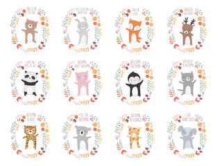 Vector collection with animals surrounded by a plant wreath with autumn slogan