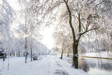 winter park, snow-covered walkway over the river, the trees and benches also covered with snow