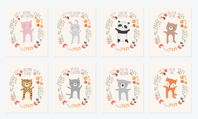 Fototapeta na wymiar Vector collection of postcards with animals surrounded by a plant wreath with autumn slogan