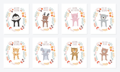 Vector collection of postcards with animals surrounded by a plant wreath with autumn slogan