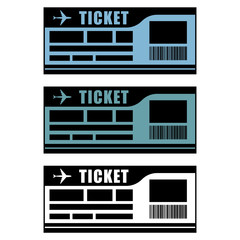 Simple, flat plane ticket icon. Boarding pass icon. Three variations. Isolated on white