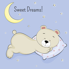 Greeting card cute bear sleeping and the inscription sweet dreams.