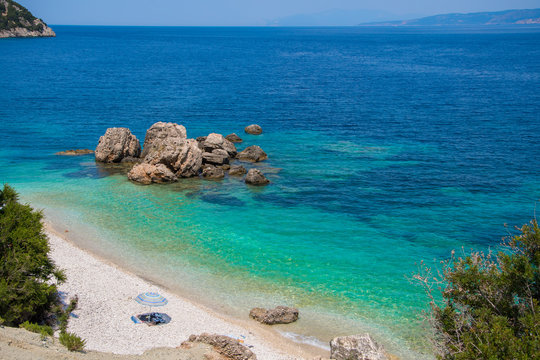 Vouti beach in Kefalonia ionian island, Greece. A secluded majestic beach with turquoise sea waters