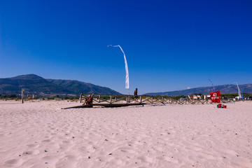 Kitesurfing. Summer landscape. Punta Paloma beach, Tarifa, Spain. Picture taken – 27 august 2018.