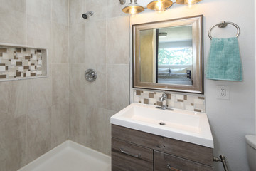 Contemporary grey and white bathroom design.