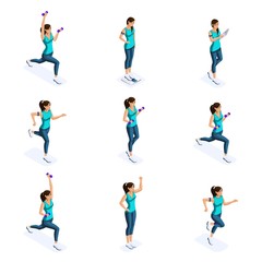 Isometrics of the girl are engaged in sports, sports figure, proper nutrition, gymnastics, fitness, healthy lifestyle. Set of 3d characters