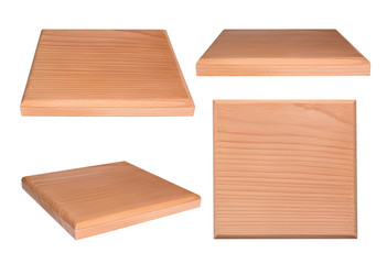 Wooden square board isolated on white background. Stand for subjects. A view from several sides