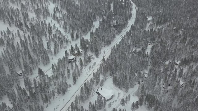 Rural snowy road in Lake Tahoe, aerial